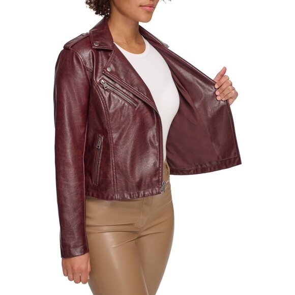 Women's The Classic Faux Leather Moto Jacket Font Full Zipper Oxblood Gloss Pu - Picture 4 of 5